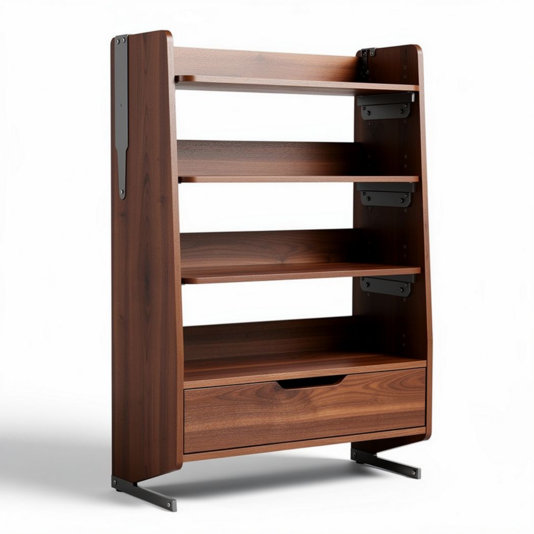 Wooden bookshelf with four shelves and one drawer in walnut finish 60 x 30 x 120cm