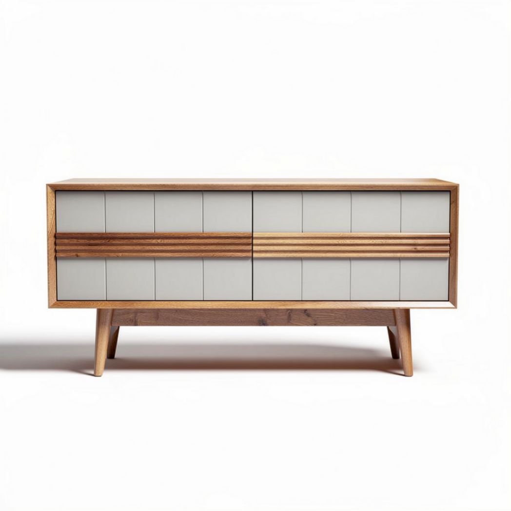 Wooden storage cabinet with gray front panels and tapered legs 120 x 40 x 75cm