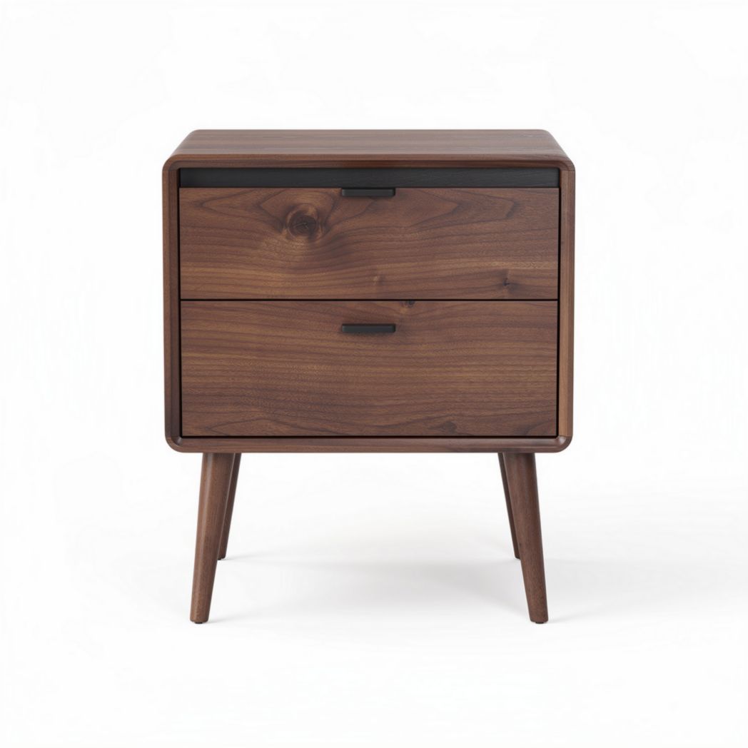 Walnut nightstand with two drawers and tapered legs 40 x 40 x 45cm