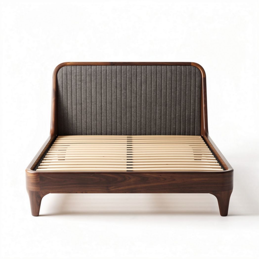 Wooden platform bed with upholstered headboard in dark gray fabric 200 x 160 x 100cm