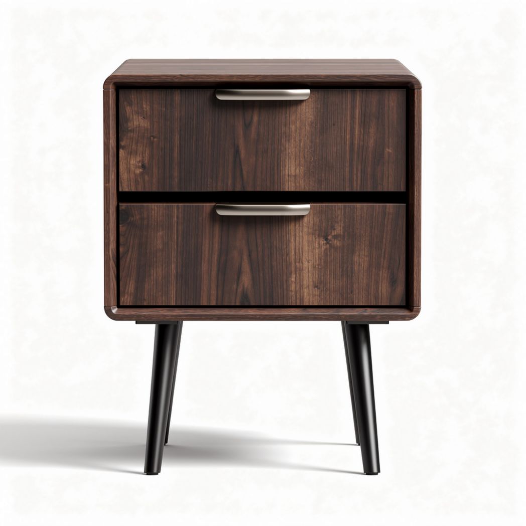 Wooden nightstand with two drawers and metal legs in walnut finish 45 x 40 x 50cm