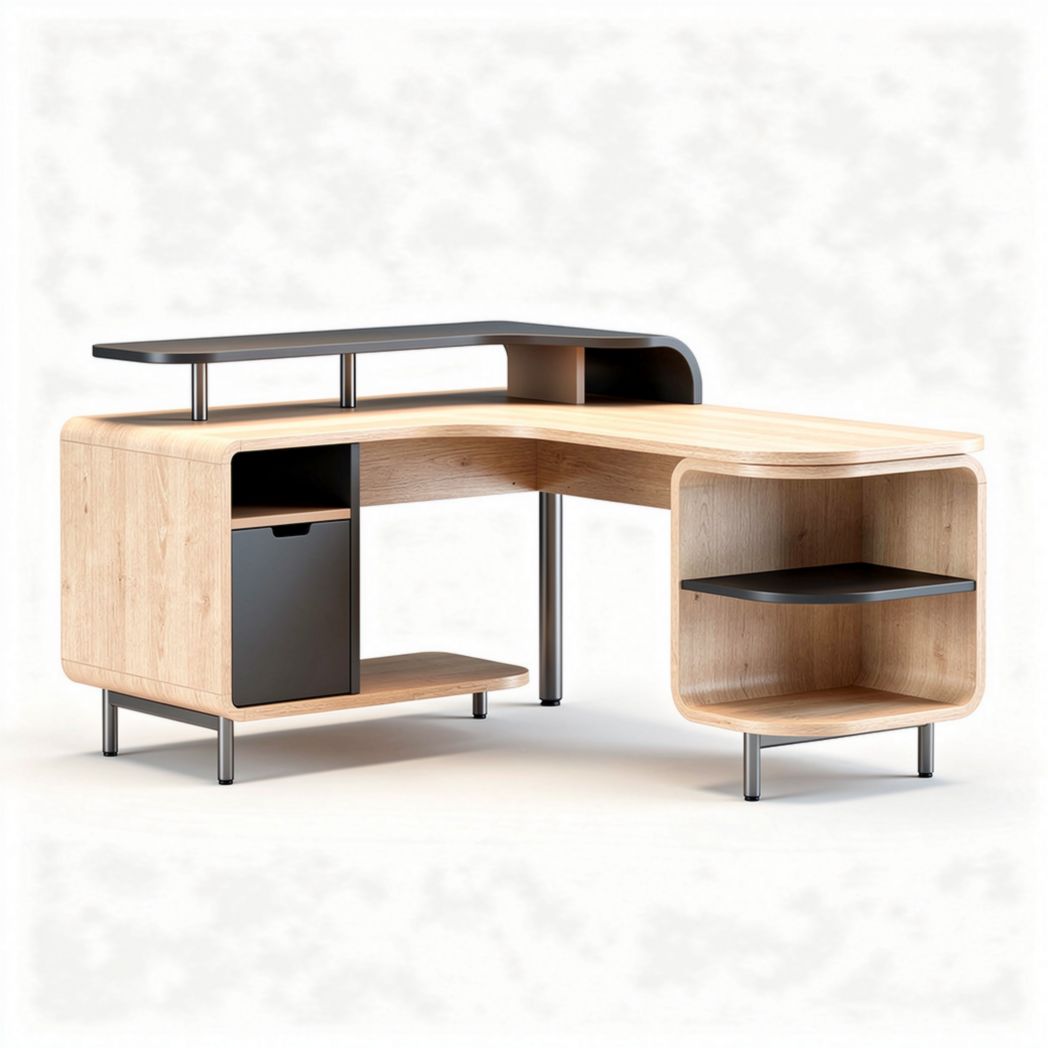 L-shaped home office desk with wood finish and steel legs 150 x 75 x 75cm
