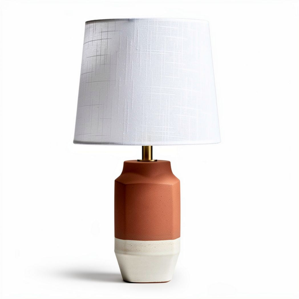 Ceramic table lamp with white fabric shade and geometric design 30 x 30 x 50cm