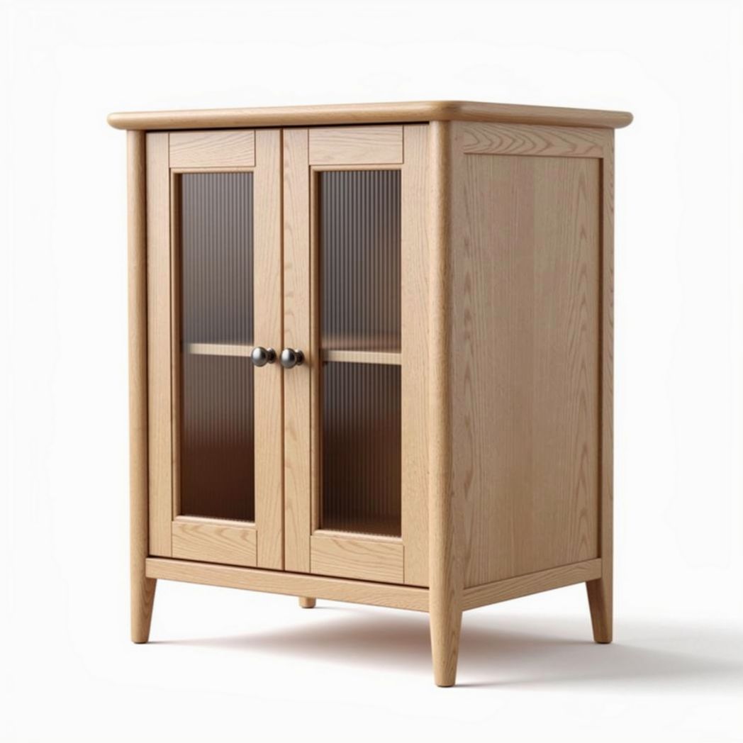 Natural oak wood storage cabinet with glass doors 80 x 40 x 90cm