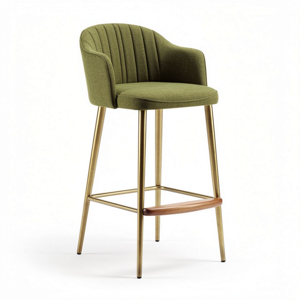 Green upholstered bar stool with metal legs and wooden footrest 40 x 40 x 100cm