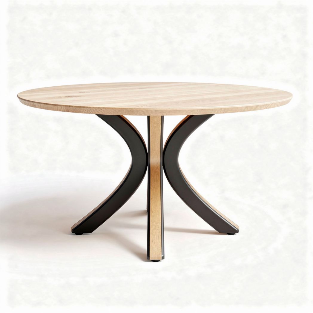Round wooden dining table with black metal base 90 x 90 x 75cm