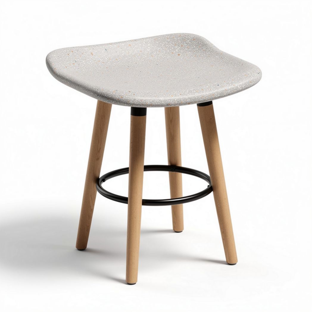 Concrete seat stool with wooden legs and black metal support 40 x 40 x 75cm